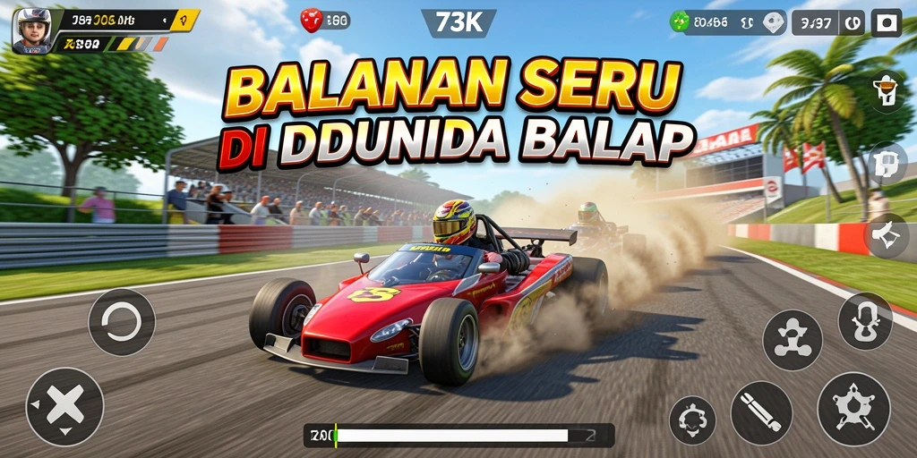 Screenshot gameplay 73K menampilkan aksi balapan yang mendebarkan.