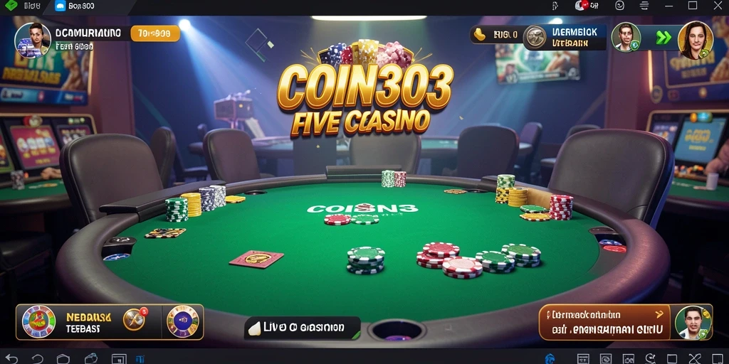 Screenshot gameplay COIN303 yang menampilkan dealer langsung dan suasana kasino.
