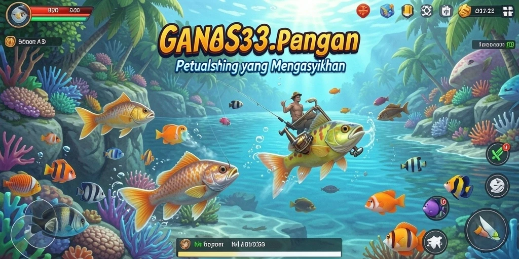 Screenshot utama GANAS33 menampilkan pemain yang sedang memancing di danau indah.