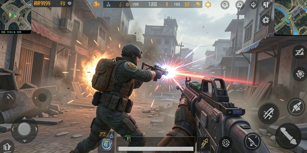 Tangkapan layar gameplay seru RR999 dengan aksi tembak-menembak intens.